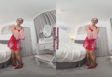 MLS – Red floral dress with tan glossy legwear