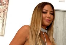 Natalia Forrest Brown dress with dark tan glossy legwear