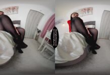 Ivy Rain in Red dress with black glossy legwear