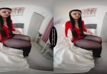 Ivy Rain in Red dress with black glossy legwear