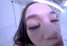 New Brunette Model strips in the white studio