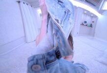 New Brunette Model strips in the white studio