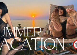 Cute Asian in Black Lace Lingerie Sways Hips on Oceanfront Balcony